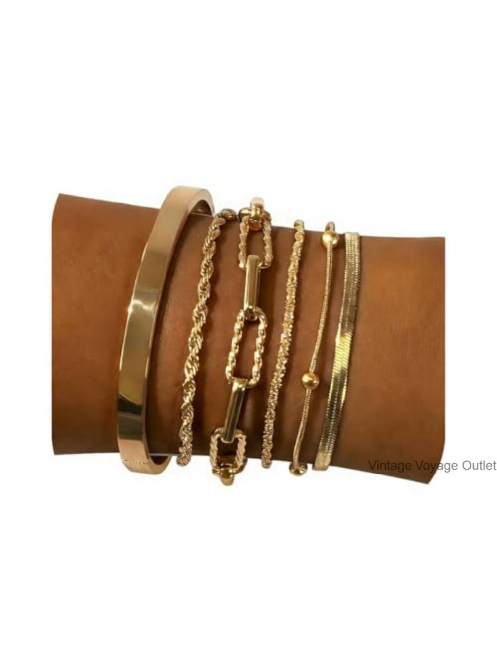 6 Pc 18K gold plated bracelet set waterproof Cuban paperclip cuff bangles